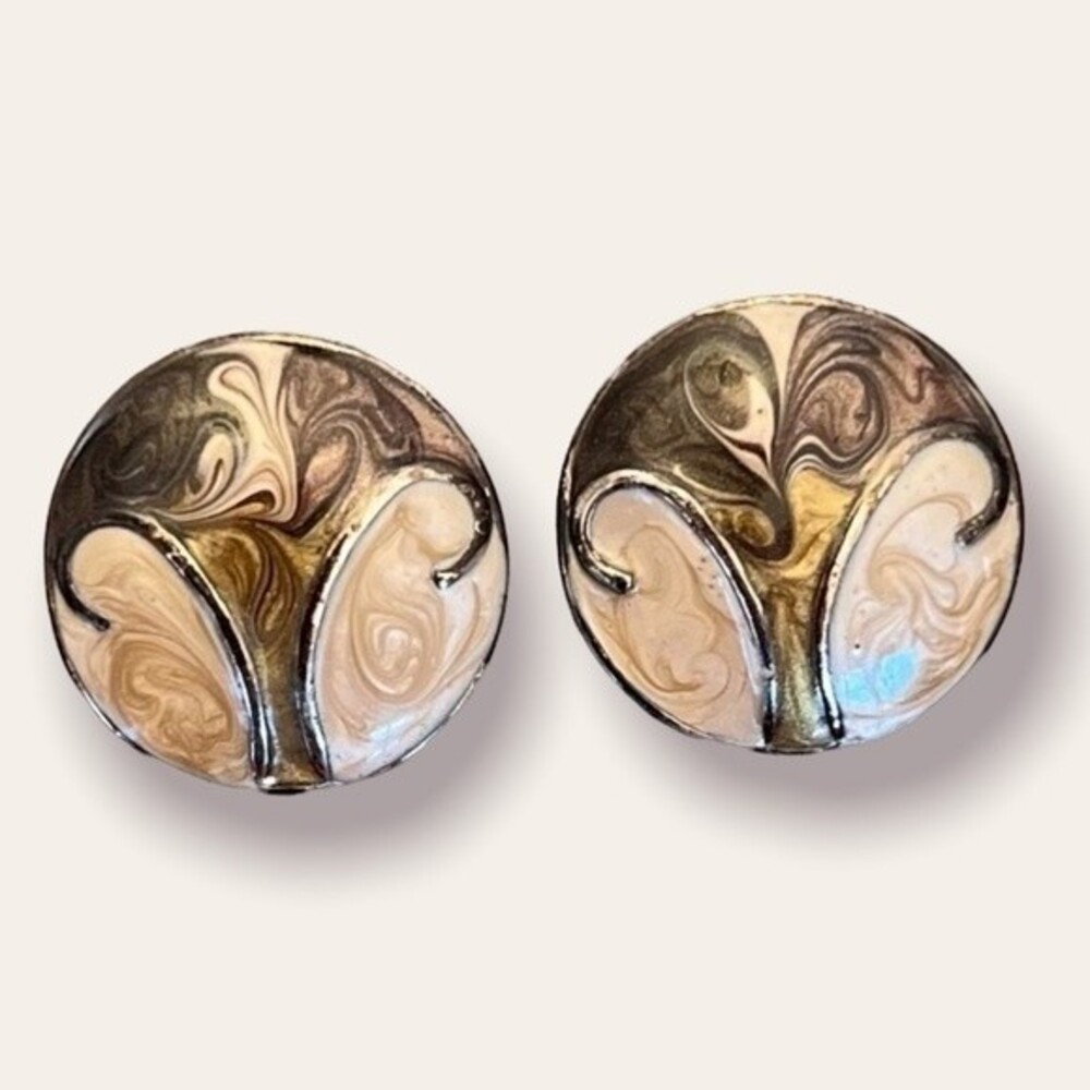 90s Vintage Button Earrings Artsy Abstract Grey Cream Swirl Oversized Studs